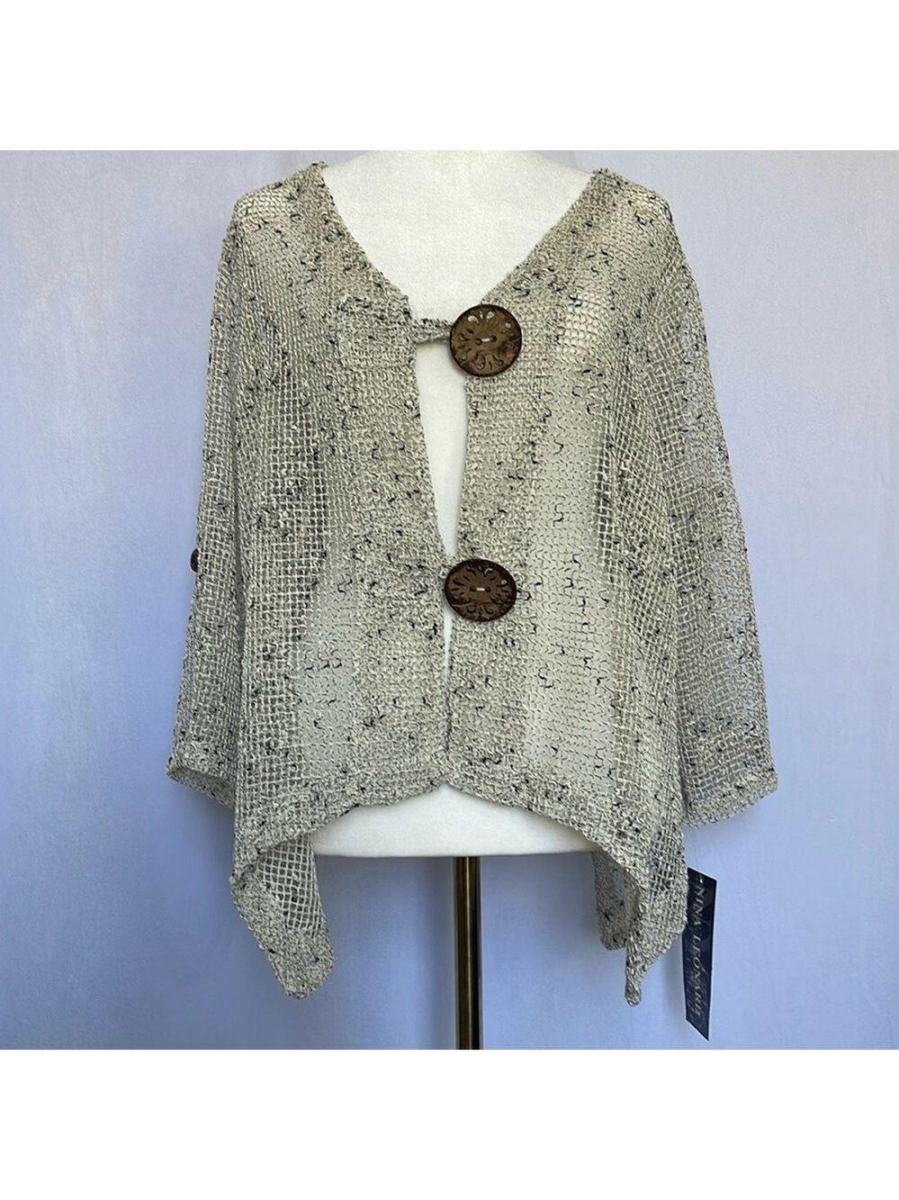 NWT Nina Leonard Open Knit Cardigan Size L Tan Button Closure Lagenlook Coastal